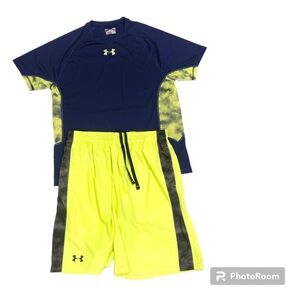 Under Armour Lot - Men’s Blue Lime Regular Shirt & Lime Loose Shorts Size L